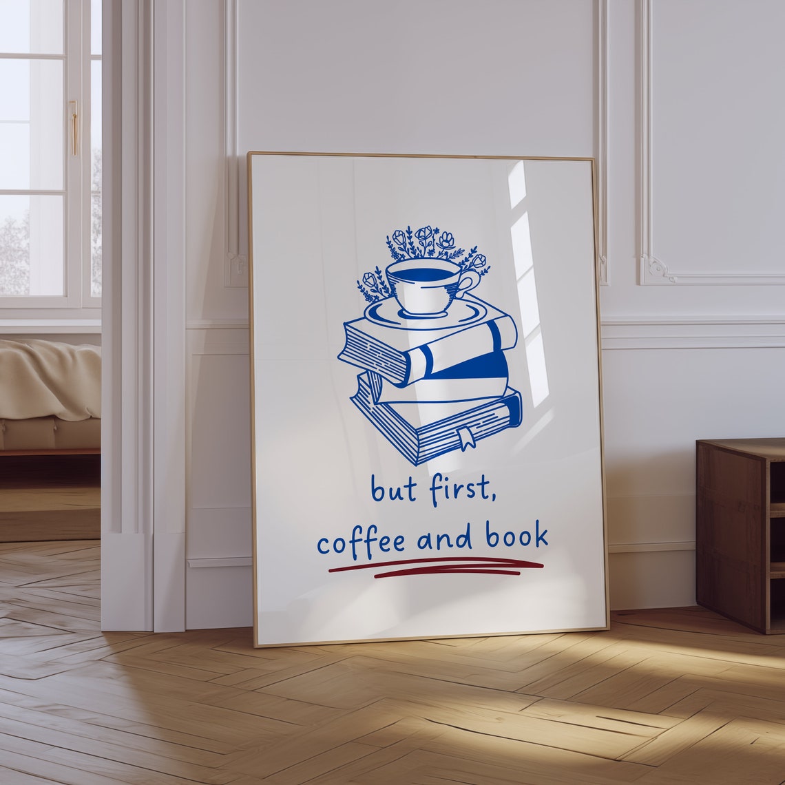 But First Coffee and Book Blue Line Art Cozy Reader Quote Wall Art