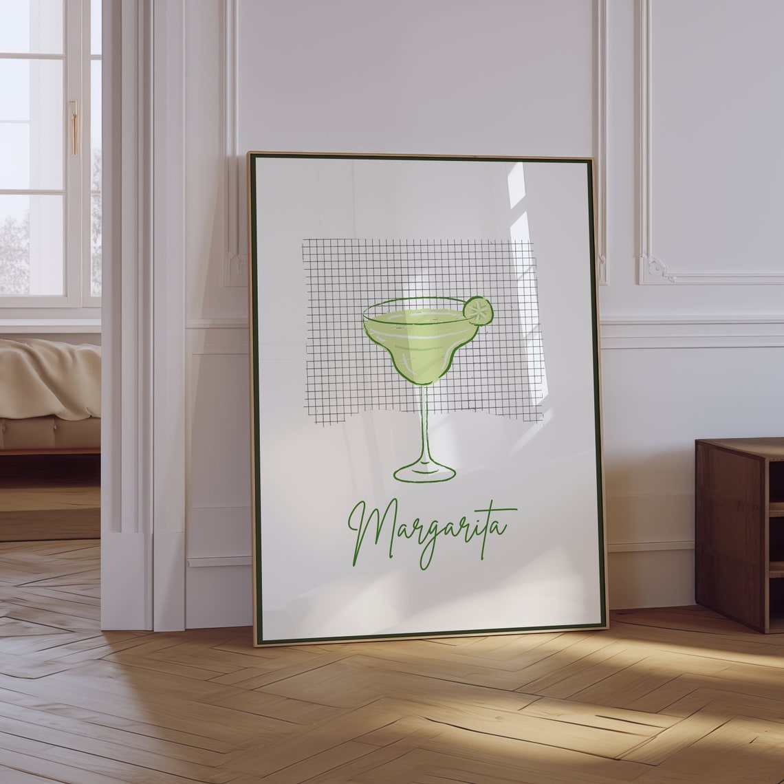 Margarita Cocktail Glass Green Line Art Retro Bar Cart Wall Poster