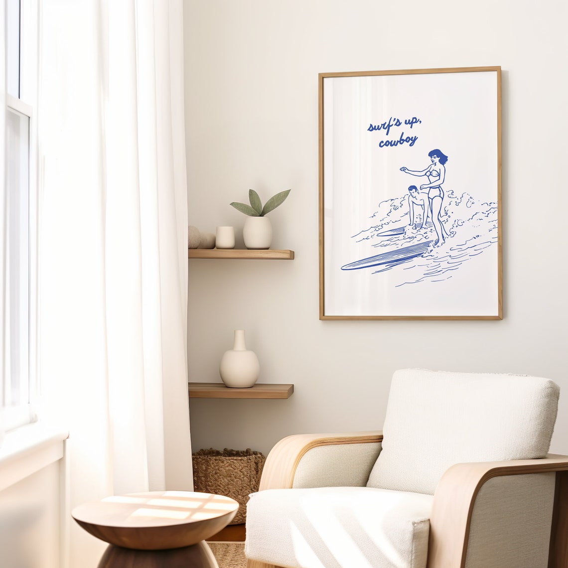 Surf's Up Cowboy Retro Blue Line Art Surfer Couple Wall Poster - Image 2