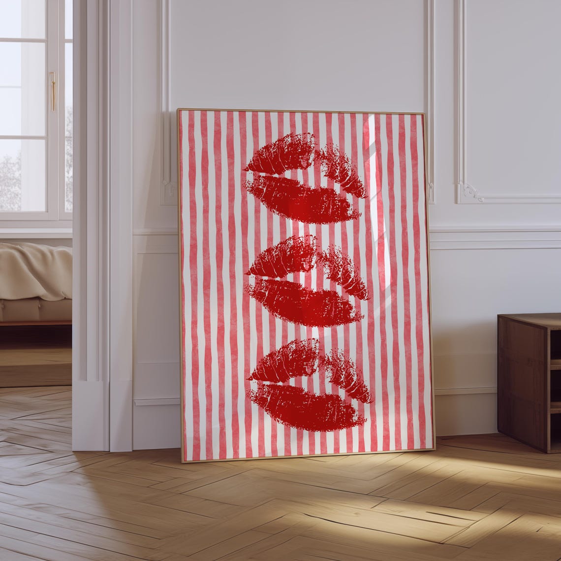 Red Lipstick Kiss Prints On Striped Background Retro Wall Art - Image 3