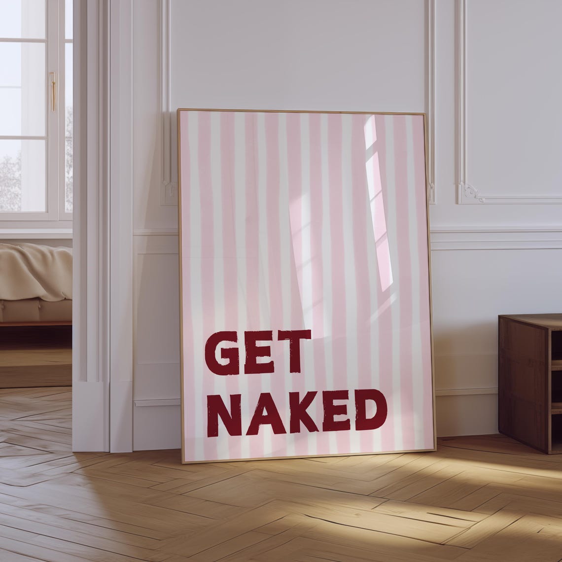 Get Naked Funny Bathroom Quote Red Lettering Pink Striped Wall Art