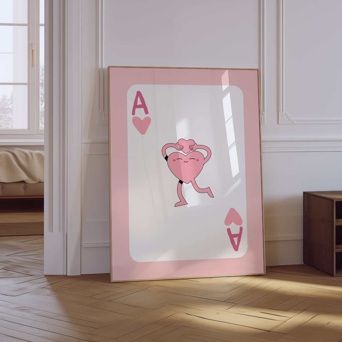 Smiling Happy Heart Character Pink Ace Card Cute Girly Poster