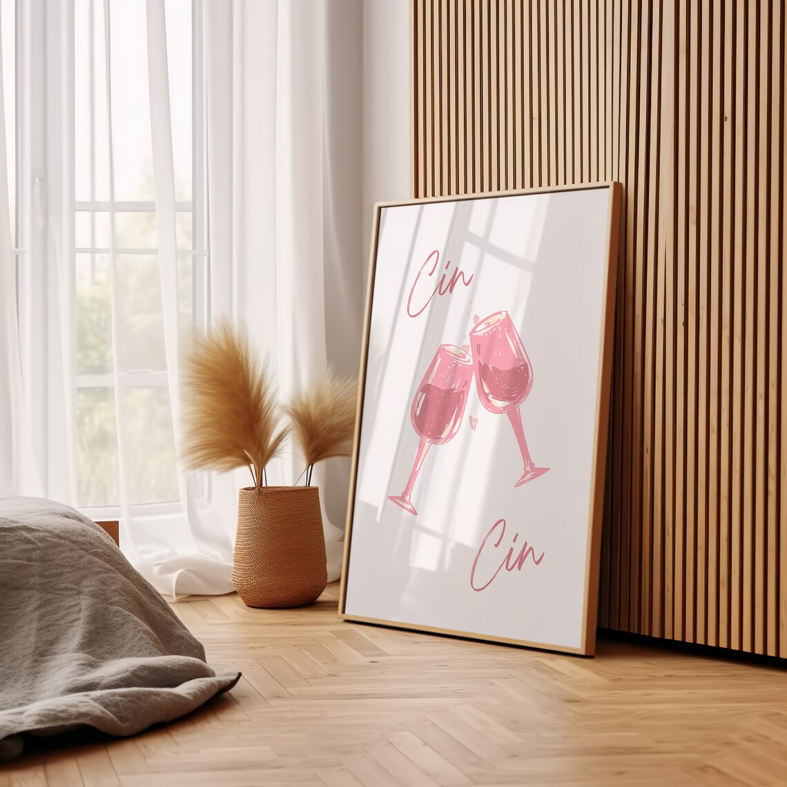 Cin Cin Pink Watercolor Wine Glasses Cheering With Heart Romantic Wall Art - Image 3