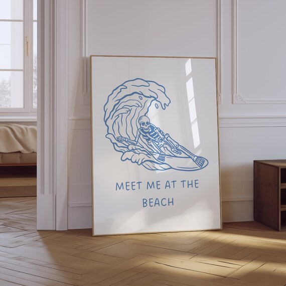Meet Me At The Beach Skeleton Surfer Wave Coastal Retro Wall Art