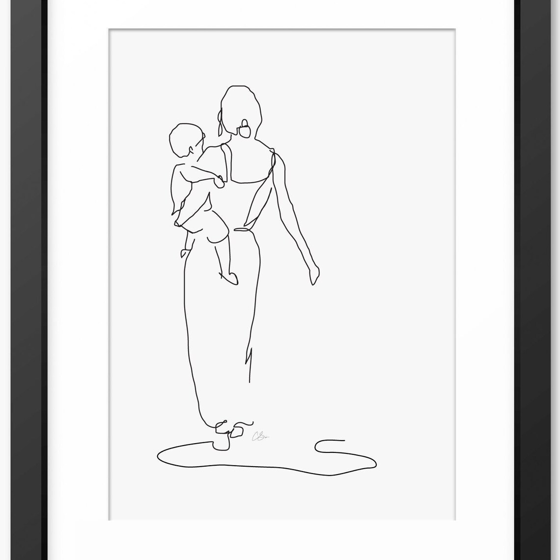 Mother Carrying Her Child in Arms Walking Tender Line Drawing Poster