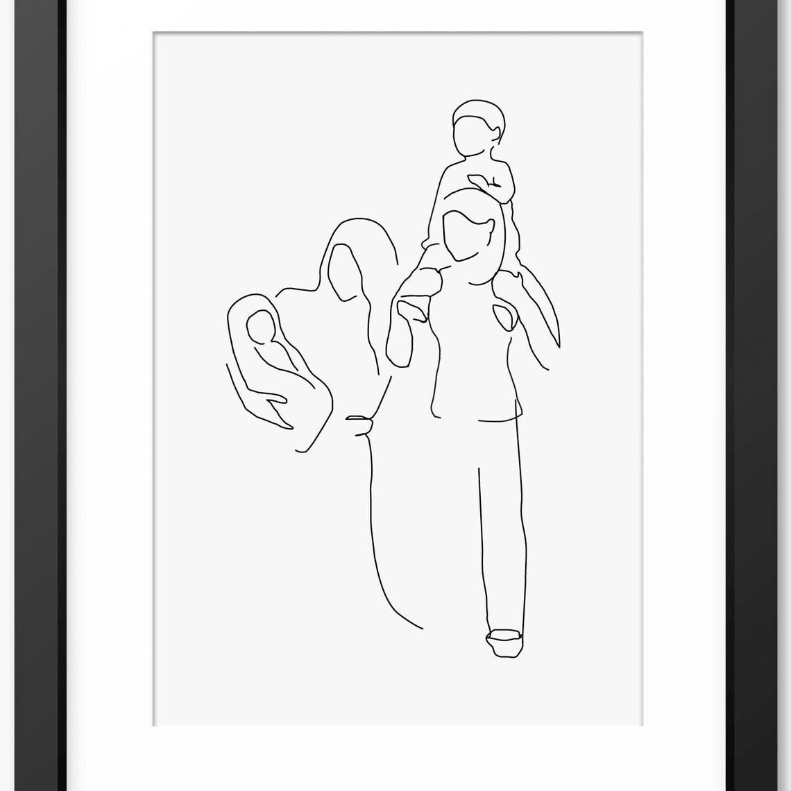 Two Mothers With Their Two Children Line Art Family Style Poster