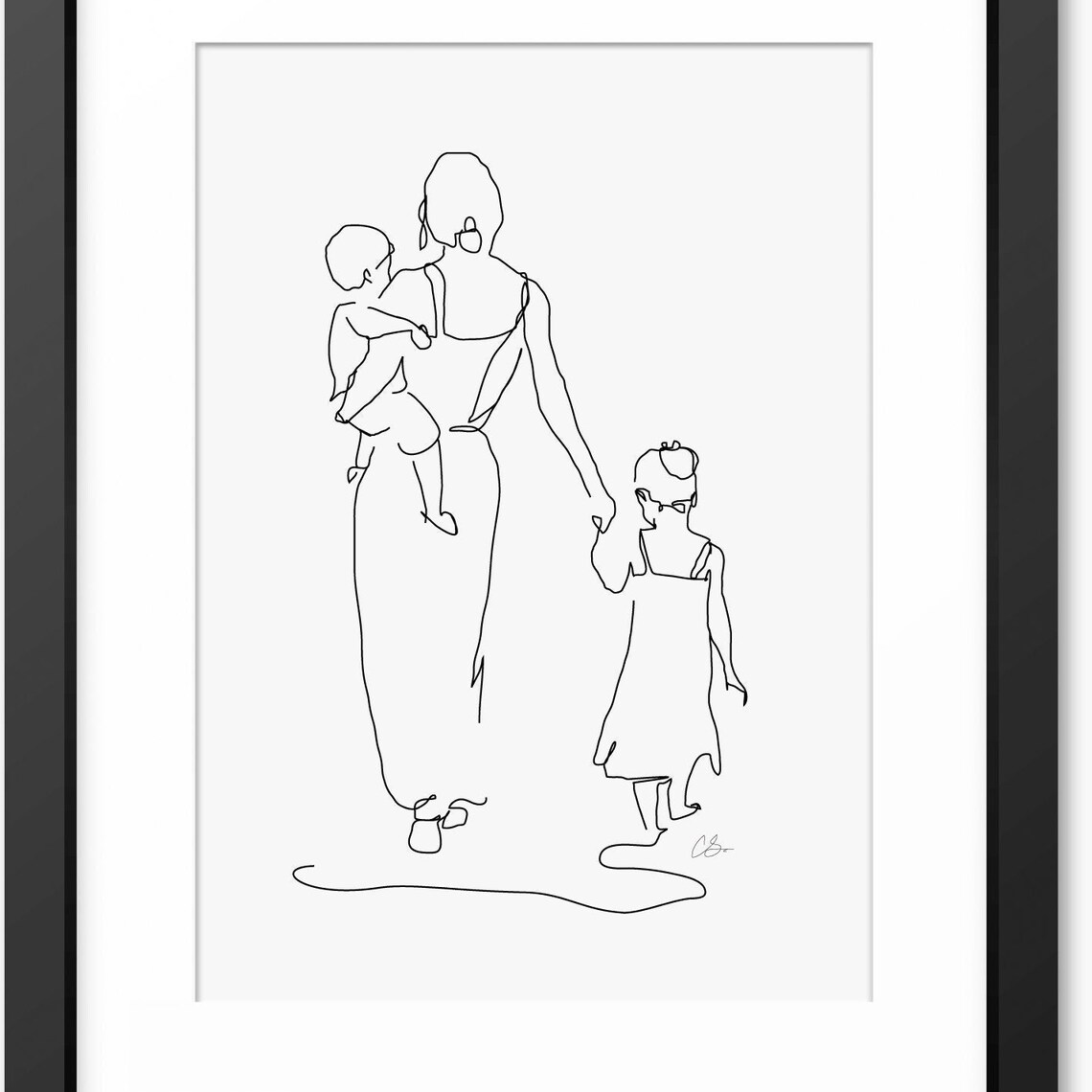 Mother Carrying Child Walking With Daughter Together Line Art Poster