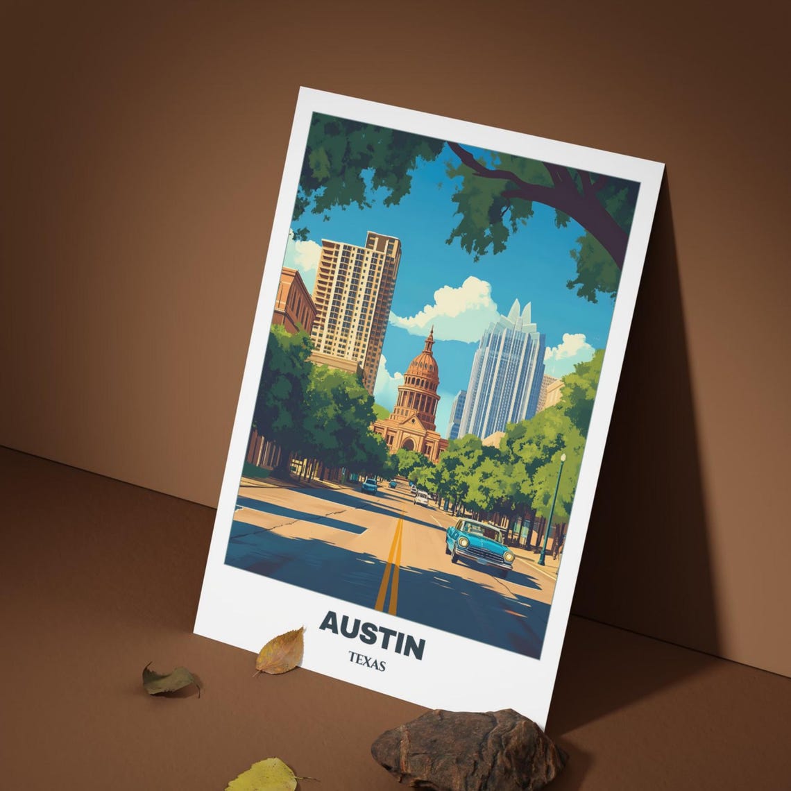 Austin Congress Avenue Texas State Capitol Classic Car Poster - Image 3