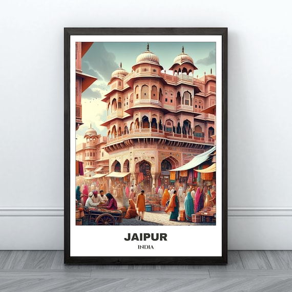 Jaipur Pink Palace Market Bustling Street India Travel Poster