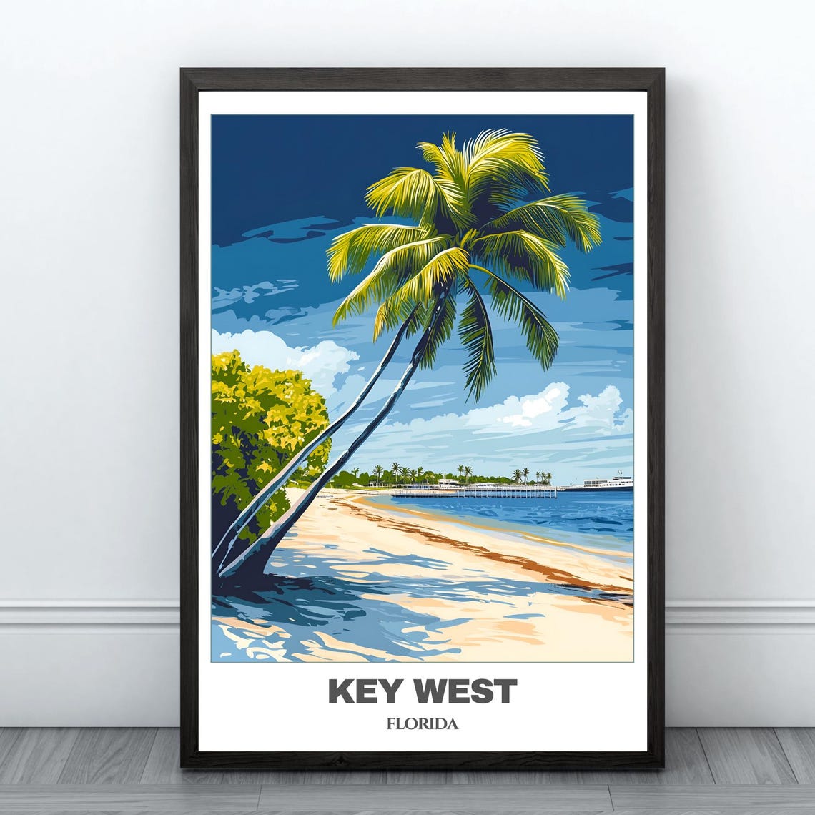 Key West Florida Beach Palm Trees Ocean View Vintage Travel Poster