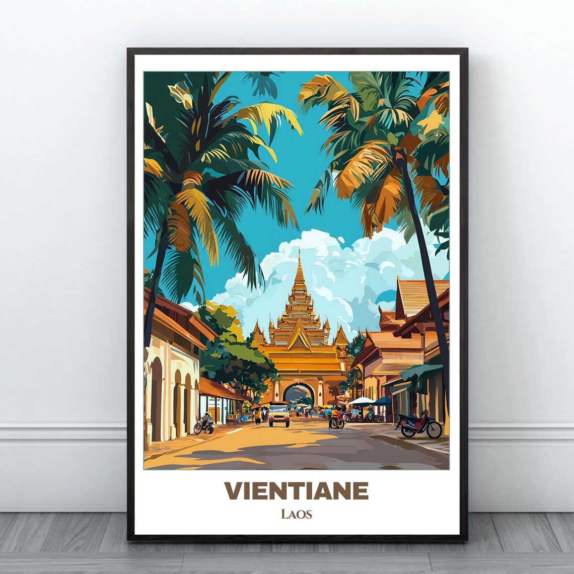 Vientiane Laos Golden Temple Gate Palm Street Vintage Travel Poster