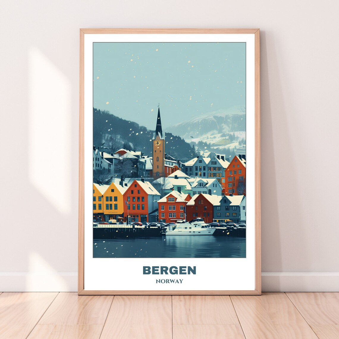 Bergen Winter Snow Colorful Houses Harbor Church Scene Poster - Image 4