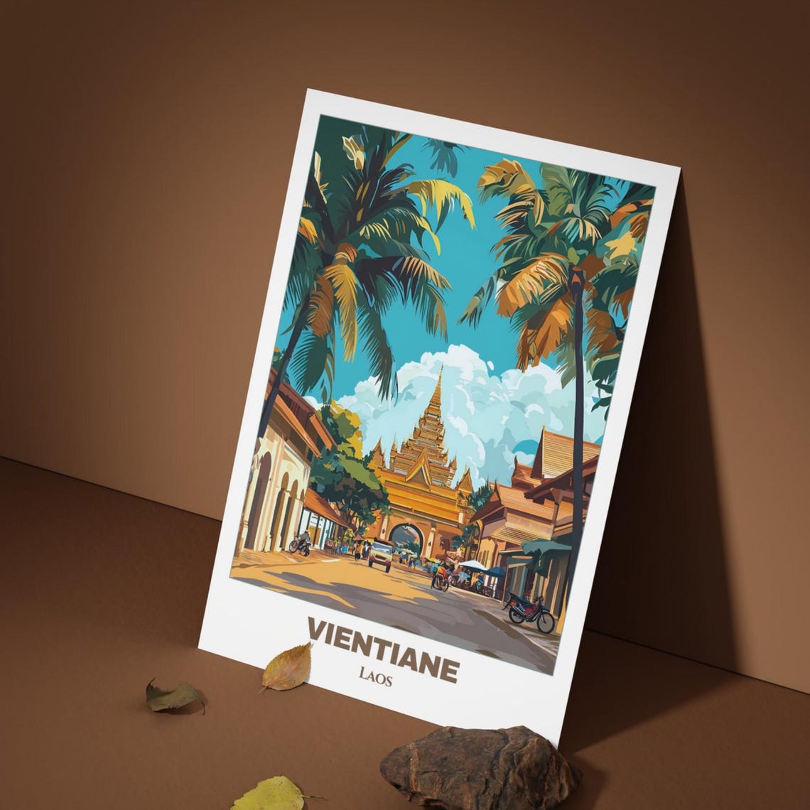 Vientiane Laos Golden Temple Gate Palm Street Vintage Travel Poster - Image 3