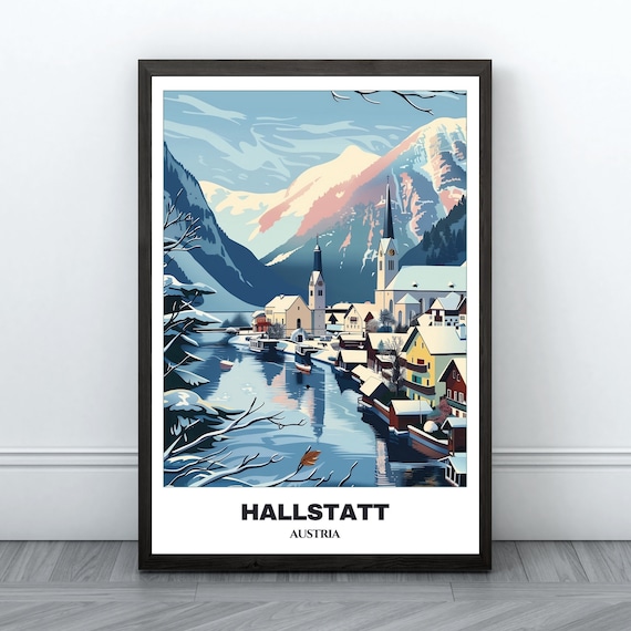 Hallstatt Austria Alpine Lake Church Snow Capped Mountains Poster
