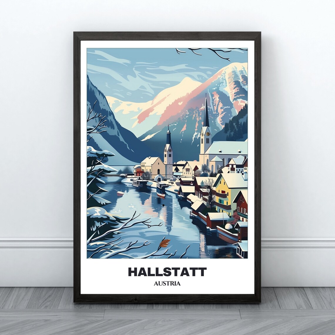 Hallstatt Austria Alpine Lake Church Snow Capped Mountains Poster
