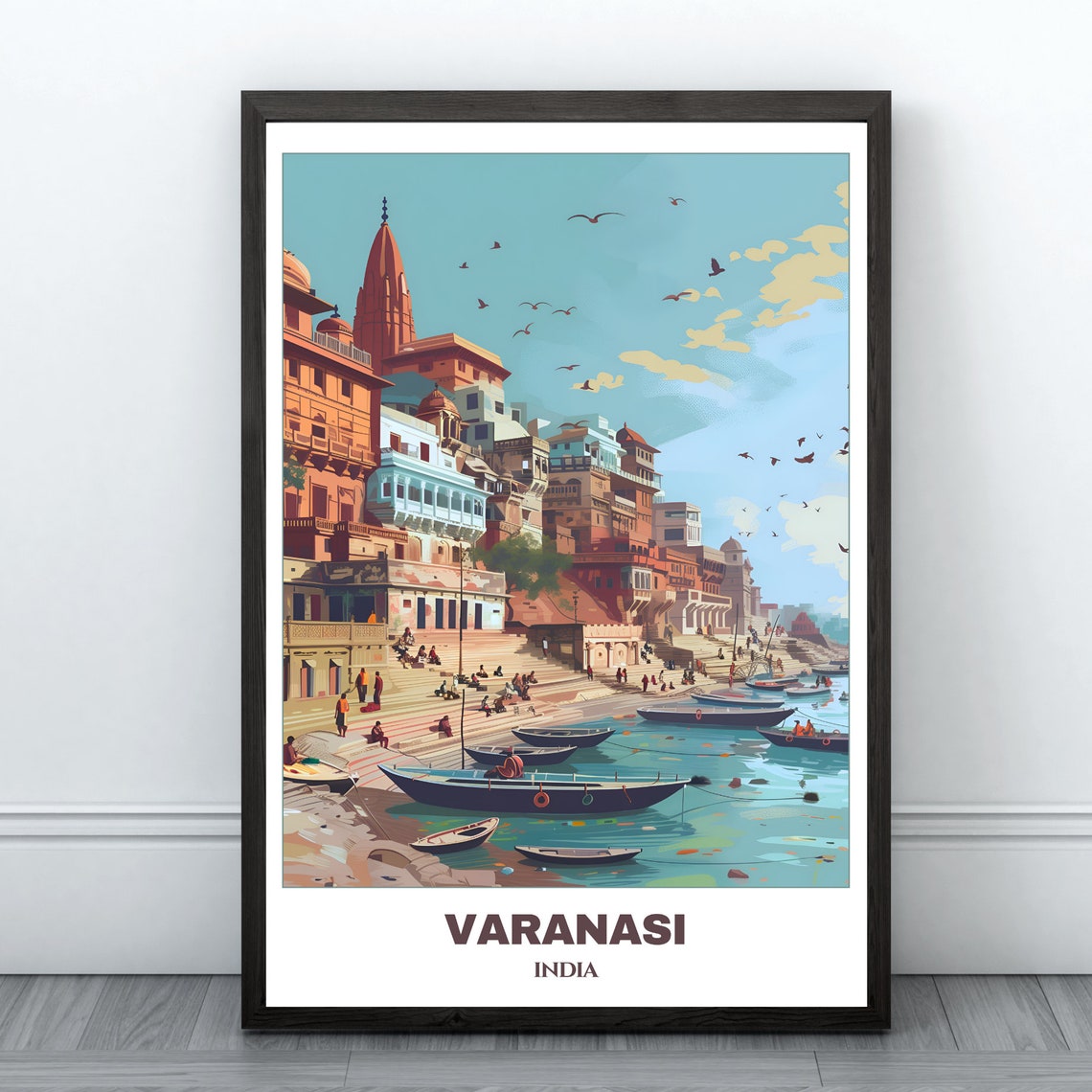 Varanasi India Ganges River Boats Temple Ghats Travel Poster