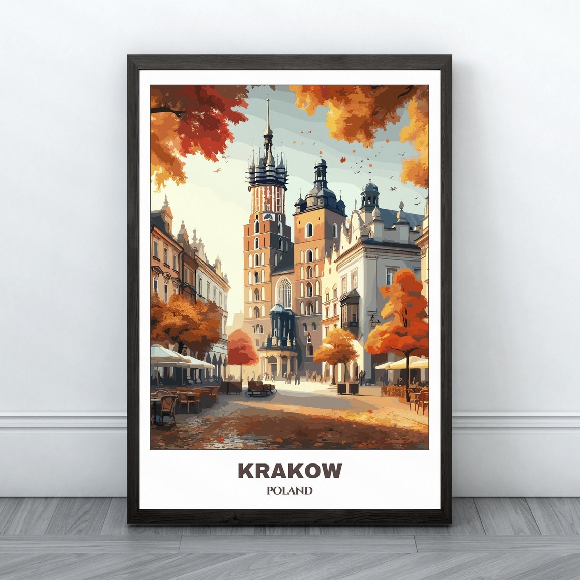 Krakow Main Square Autumn Watercolor Cityscape Travel Poster