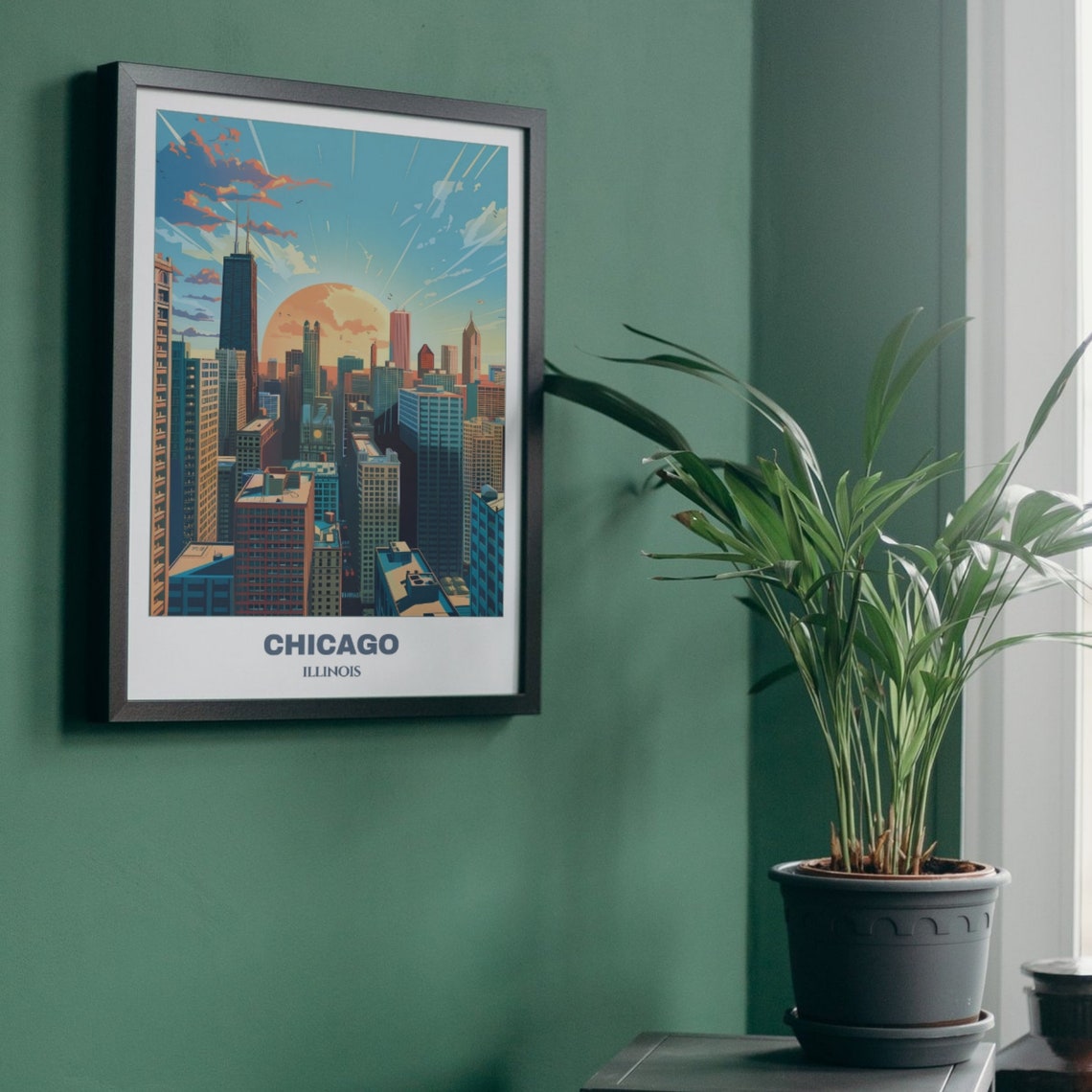Chicago Illinois Downtown Skyline Blazing Sunset Sky Art Poster - Image 5