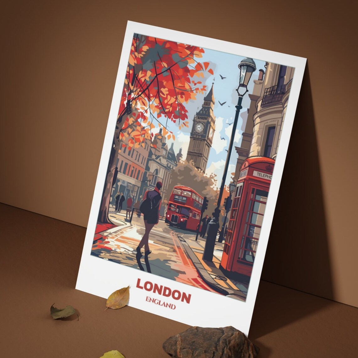 Vintage London Big Ben Red Bus Autumn City Street Travel Poster - Image 3