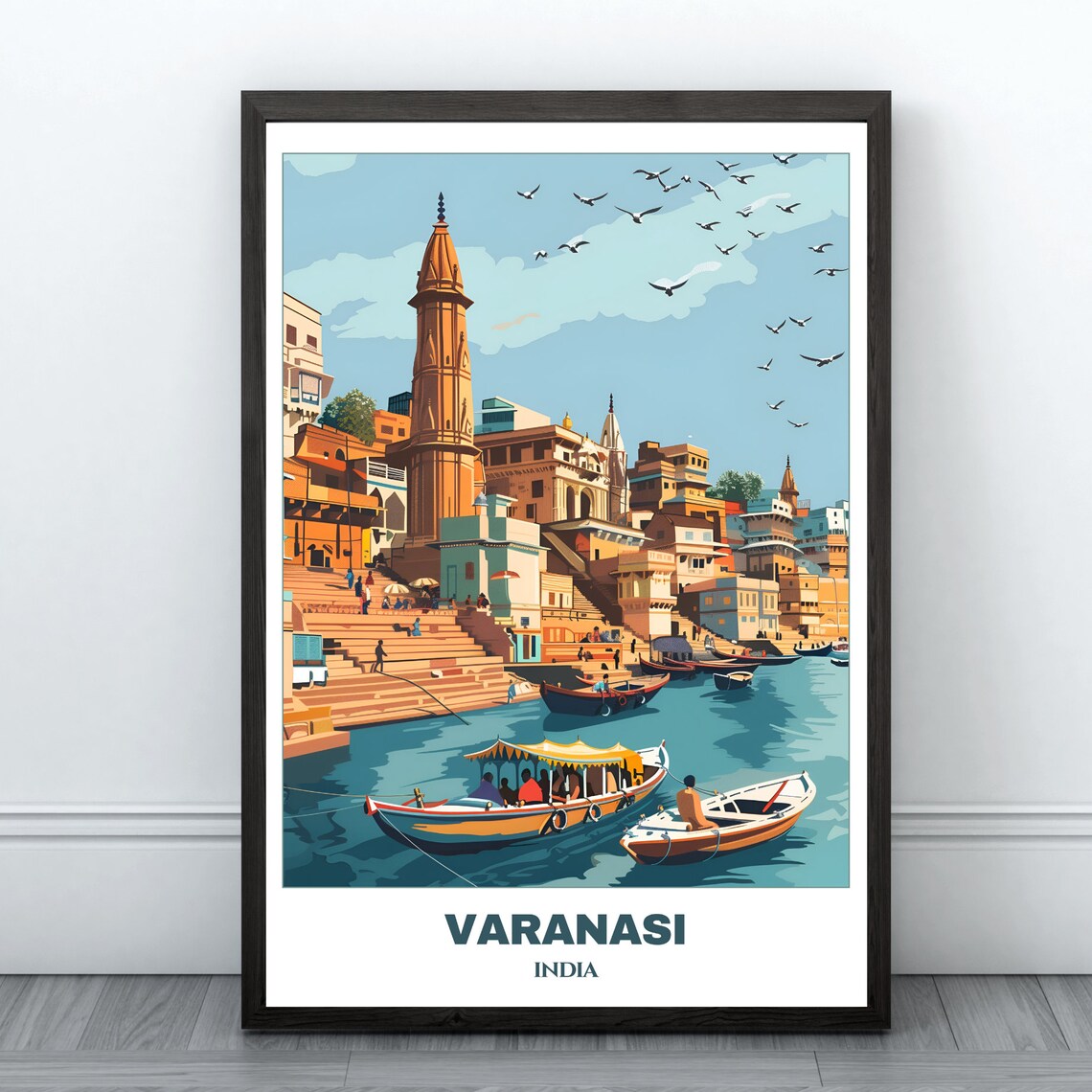 Varanasi India Ghats Temple Spire Canopied Boat Travel Poster