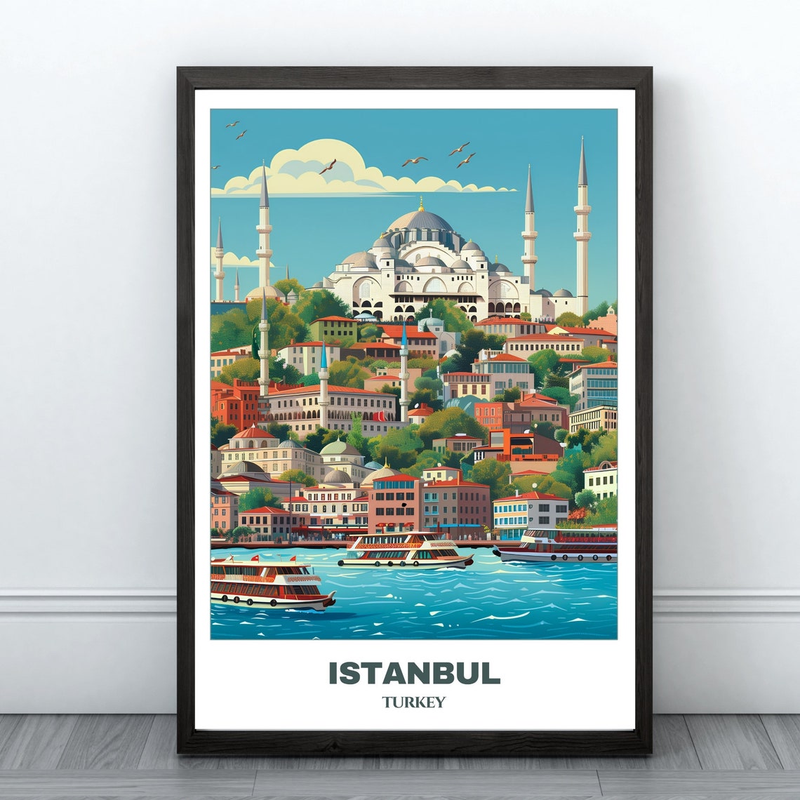 Istanbul Turkey Mosque Waterfront Ferries Minarets Skyline Poster