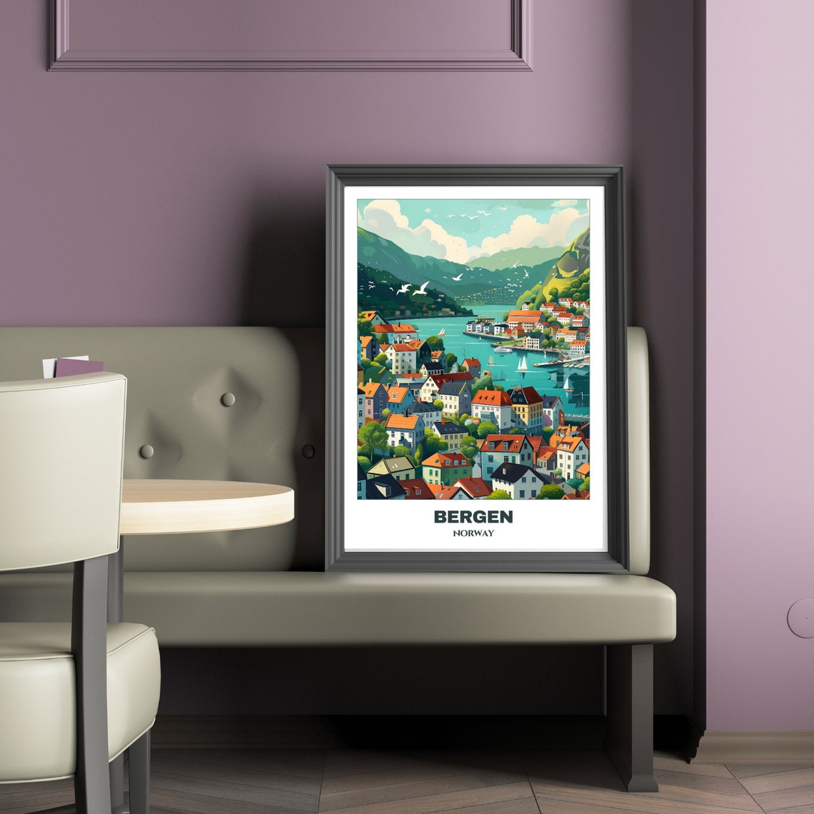 Bergen Aerial View Colorful Houses Harbor Sailboats Seagulls Poster - Image 2