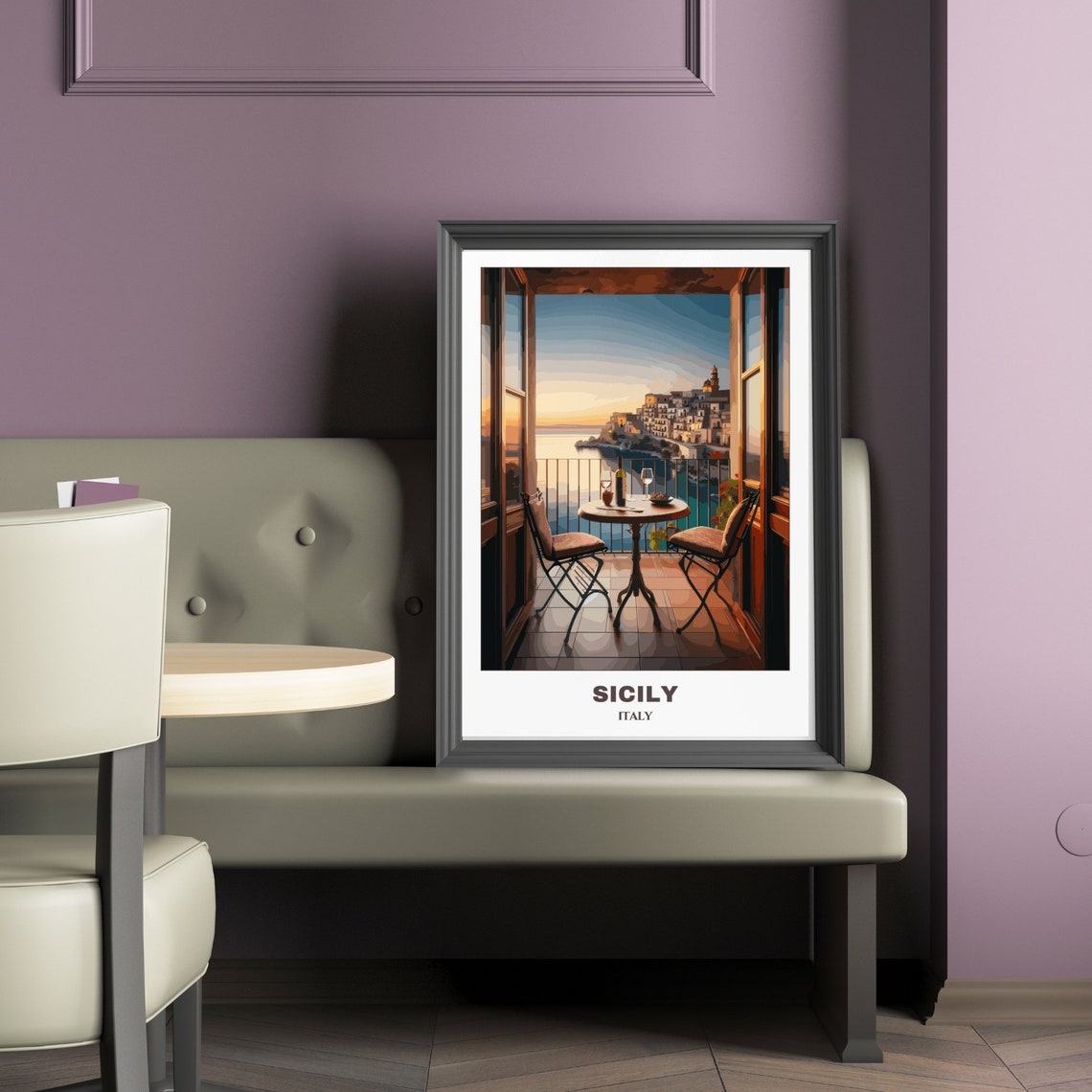Sicily Italy Coastal Town Sunset Balcony With Wine Glasses Poster - Image 2