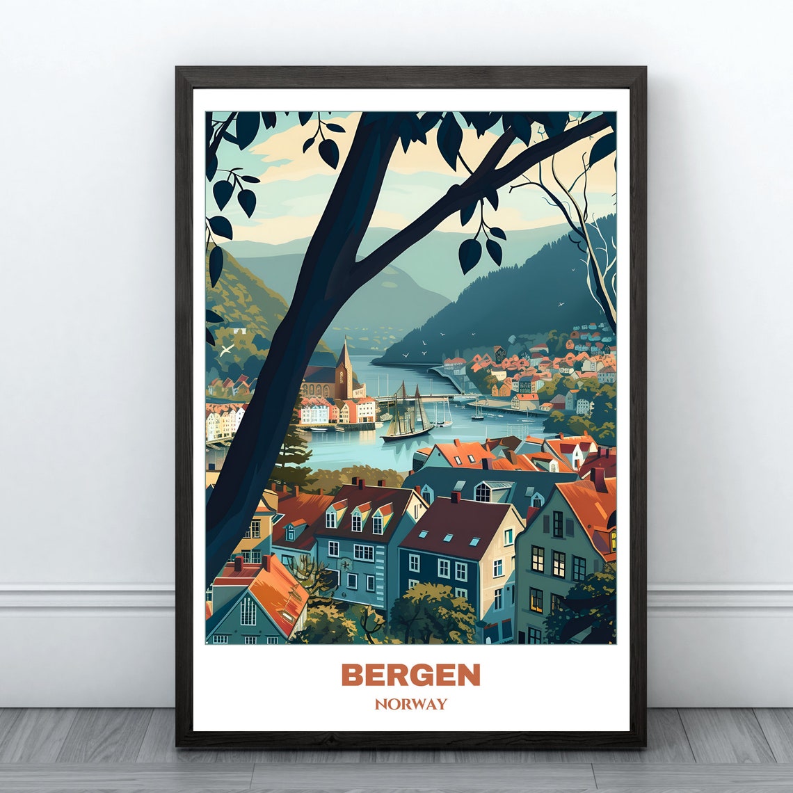 Bergen Harbor Panorama Fjords Hillside Sailing Ship View Poster