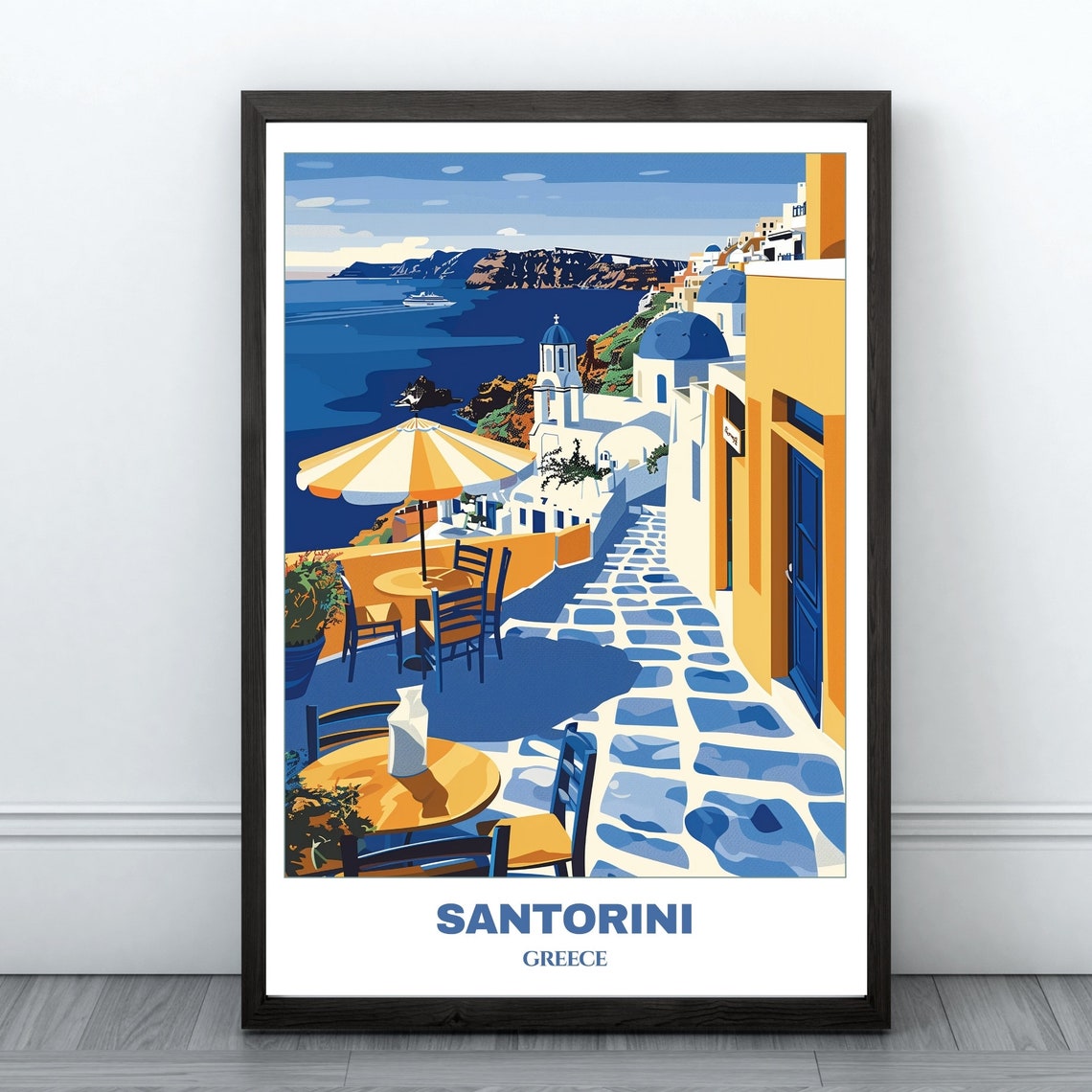 Santorini Greece Seaside Cafe Terrace Blue Domes Caldera Poster