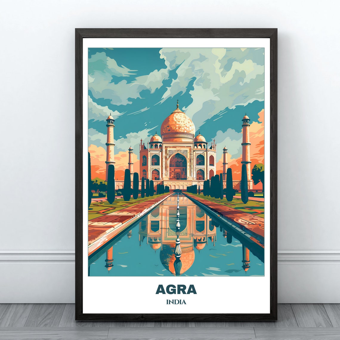 Taj Mahal Sunset Golden Reflection Pool Agra India Iconic Poster