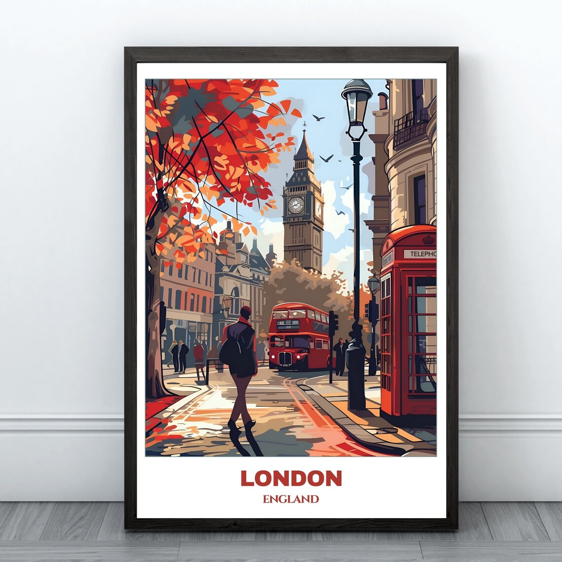 Vintage London Big Ben Red Bus Autumn City Street Travel Poster