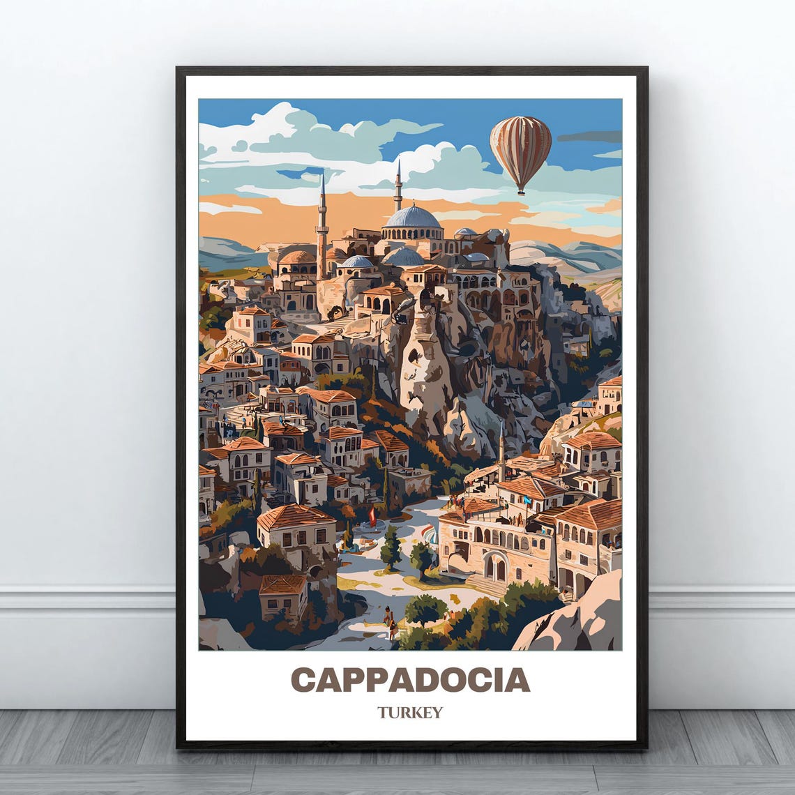 Cappadocia Turkey Hot Air Balloon Cave Town Vintage Travel Poster