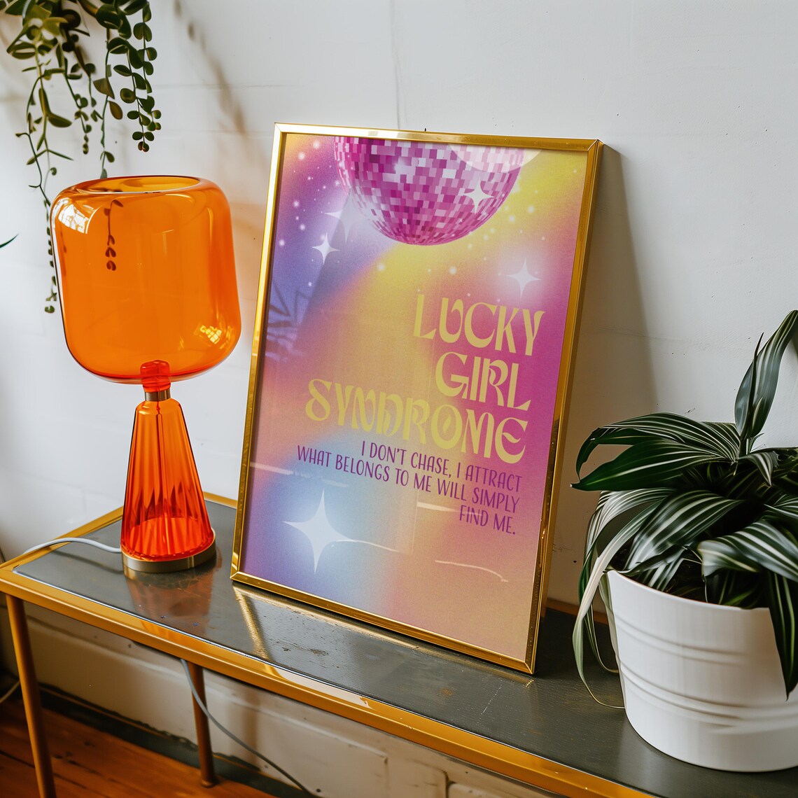 Lucky Girl Syndrome Motivational Quote Poster Disco Ball Pastel Art