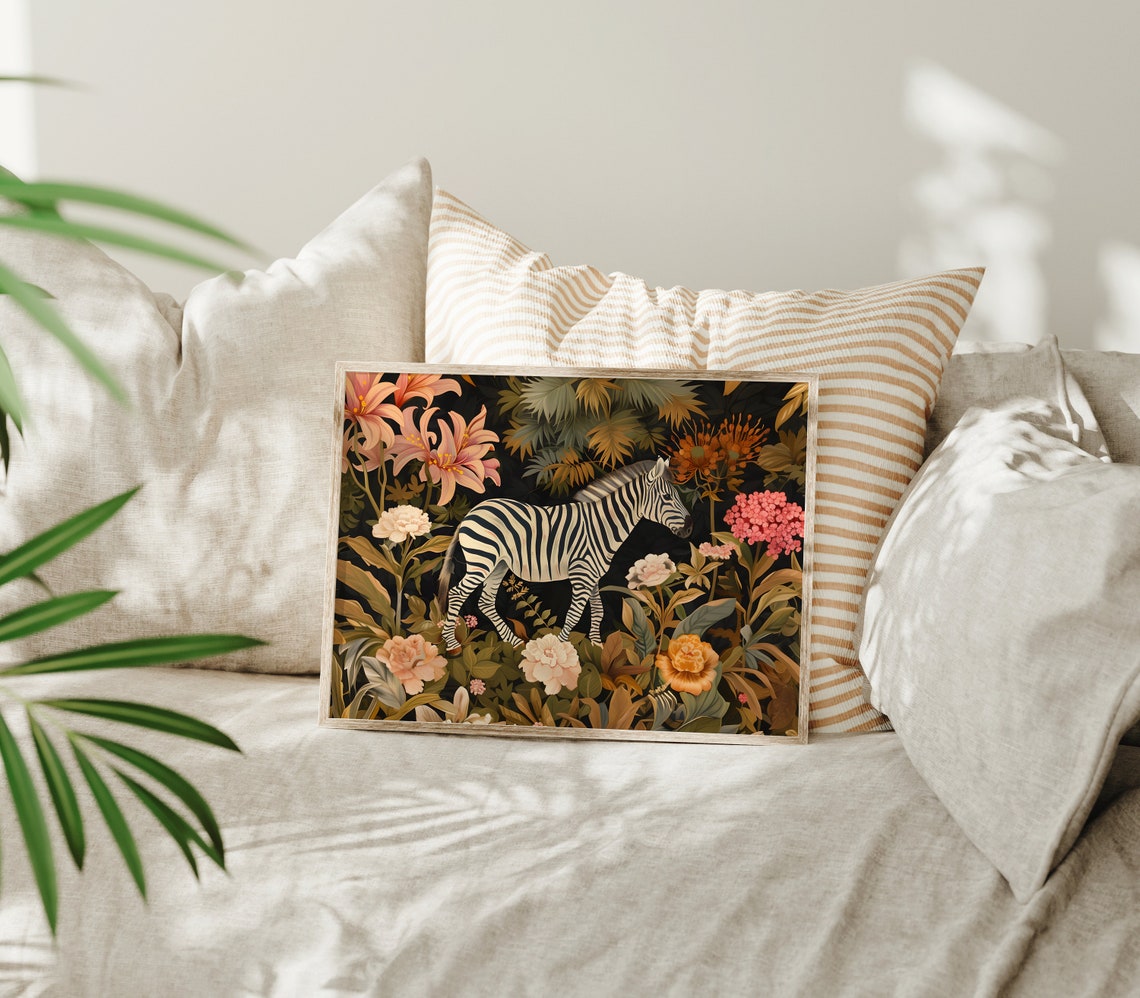 Zebra Among Tropical Flowers Dark Botanical Horizontal Art Print - Image 2