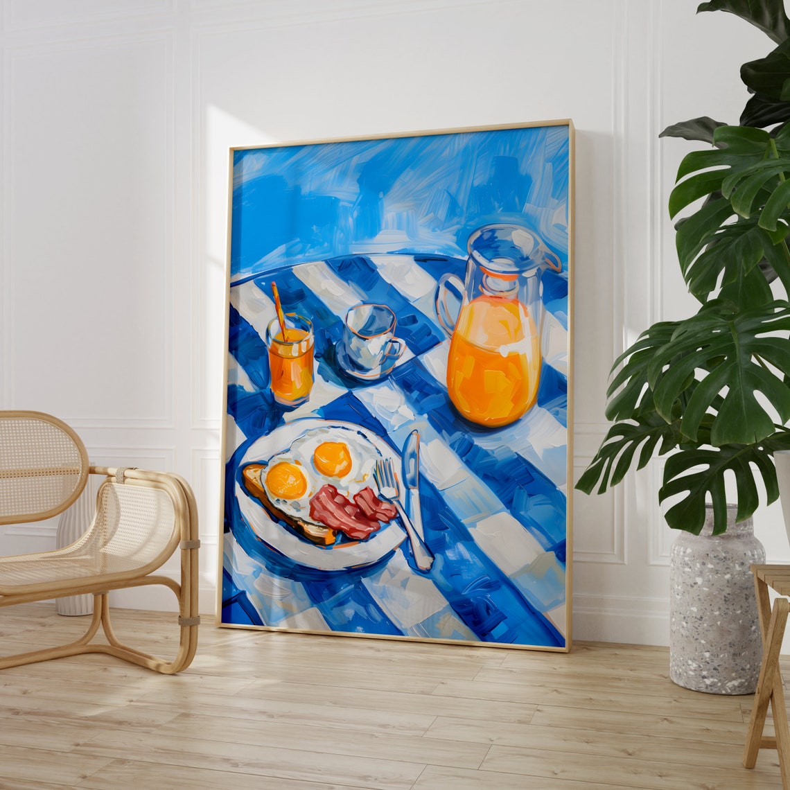 Bacon And Eggs Breakfast Spread On Blue Checkered Table Art Poster - Image 3