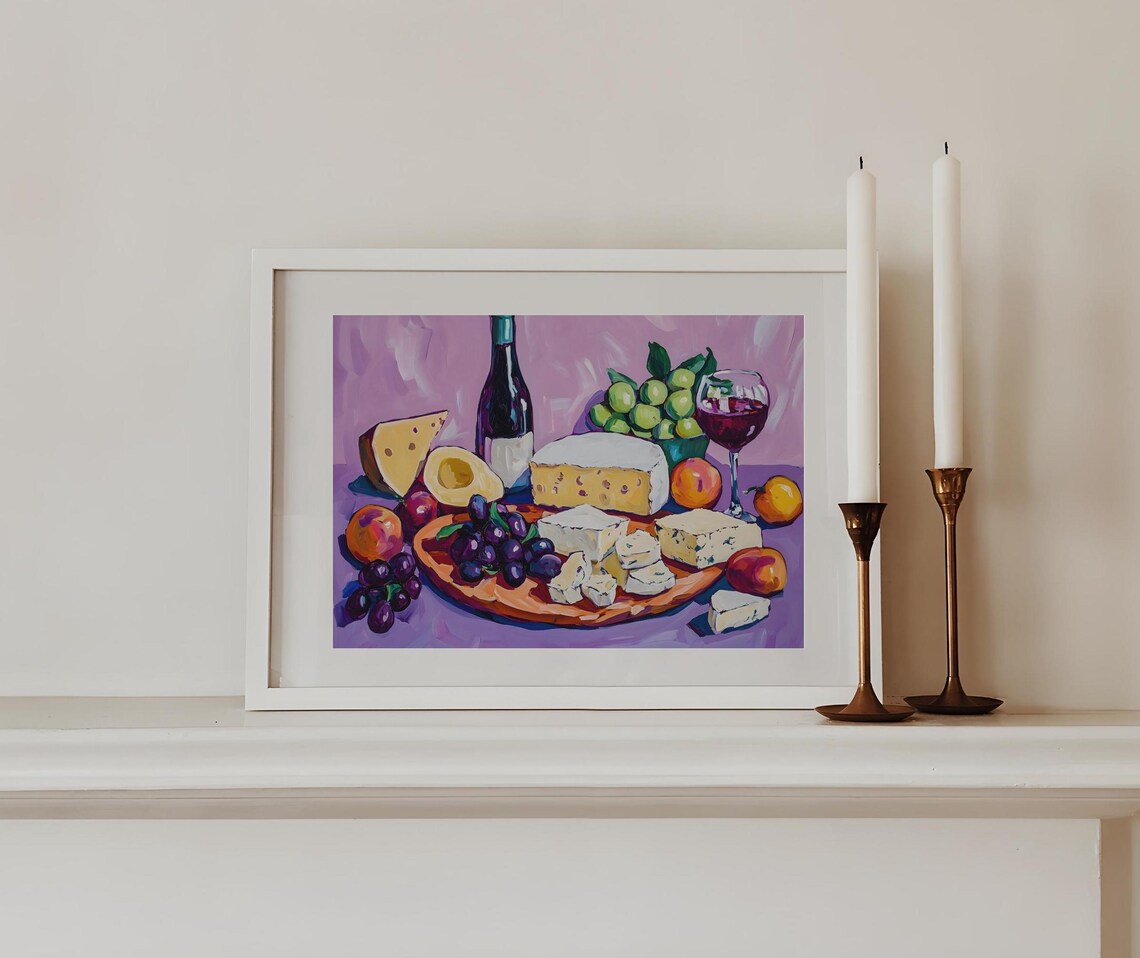 Wine And Cheese Board Still Life With Grapes On Purple Background Poster - Image 2