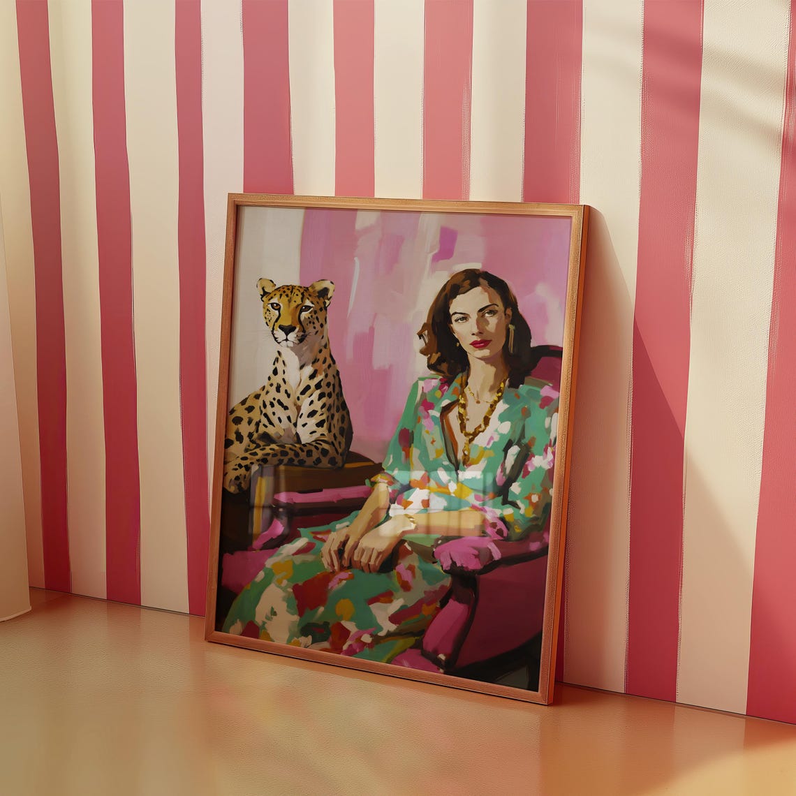 Elegant Woman With Cheetah Companion Maximalist Portrait Poster - Image 2
