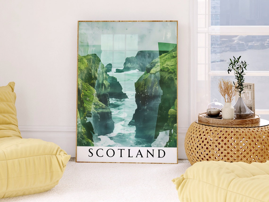 Scotland Dramatic Green Sea Cliffs Misty Coastal Travel Poster - Image 2