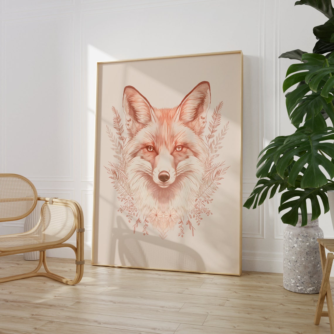 Boho Pink Fox Face Botanical Sketch Cream Nursery Wall Art Decor - Image 3