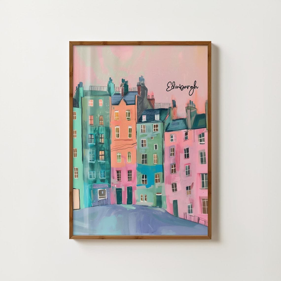 Bright Edinburgh Colourful Tenements Street Scene Painting Poster