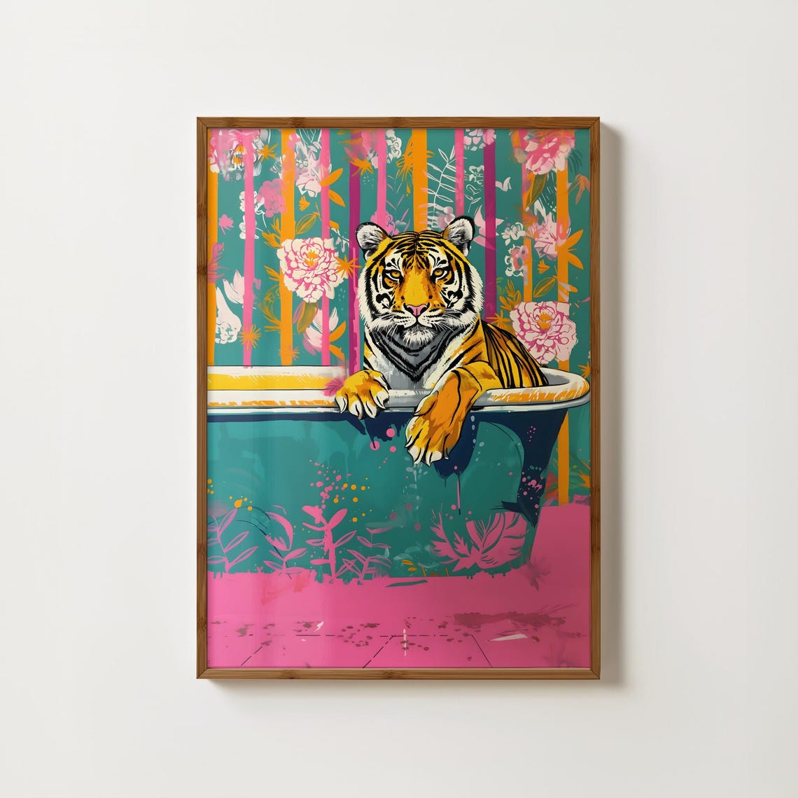 Tiger Relaxing in a Teal Bathtub Maximalist Pink Bathroom Poster