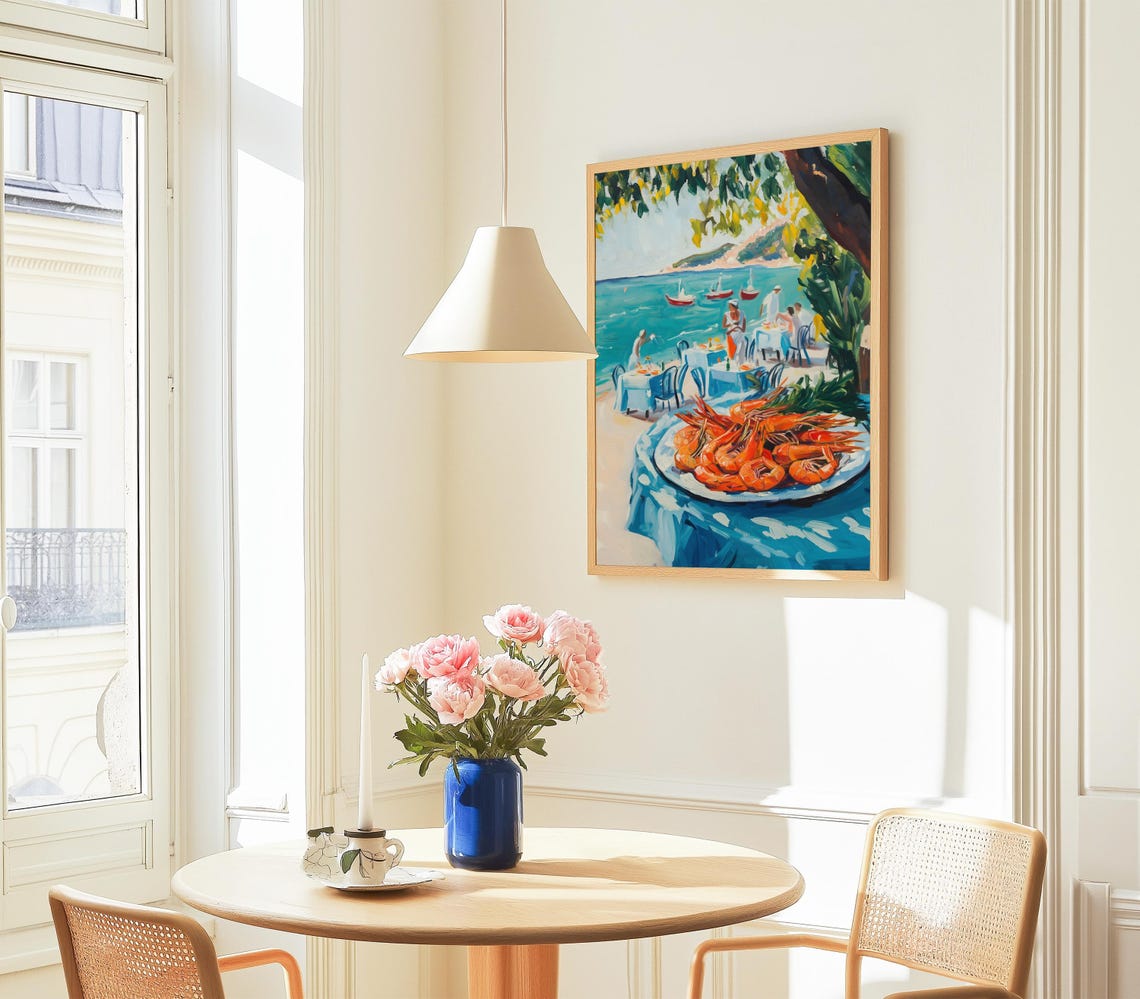 Shrimp Feast French Riviera Seaside Dining Table Painting Poster - Image 4