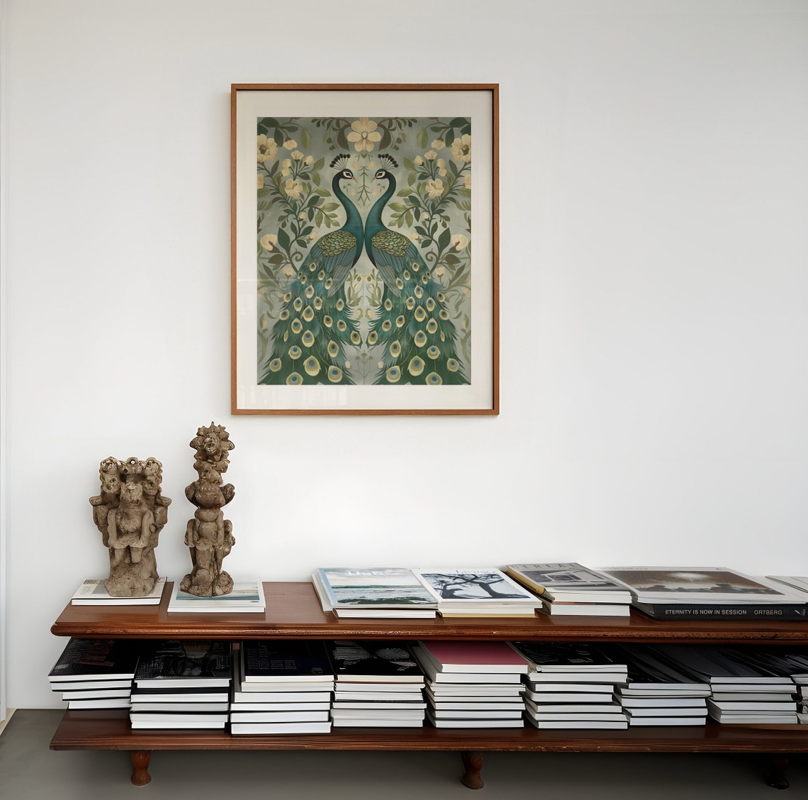Mirrored Pair Of Peacocks Among Cream Blossoms Botanical Art Poster - Image 2