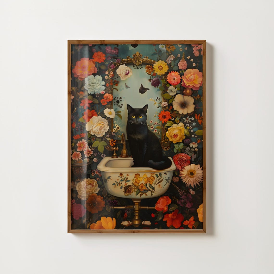 Black Cat on Floral Bathroom Sink Maximalist Whimsical Poster