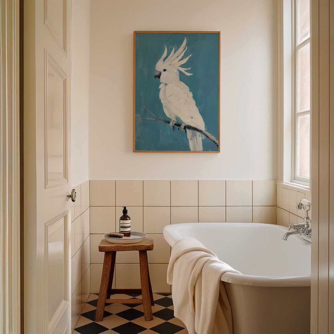 White Cockatoo Perched on a Branch Against Blue Painting Poster - Image 3
