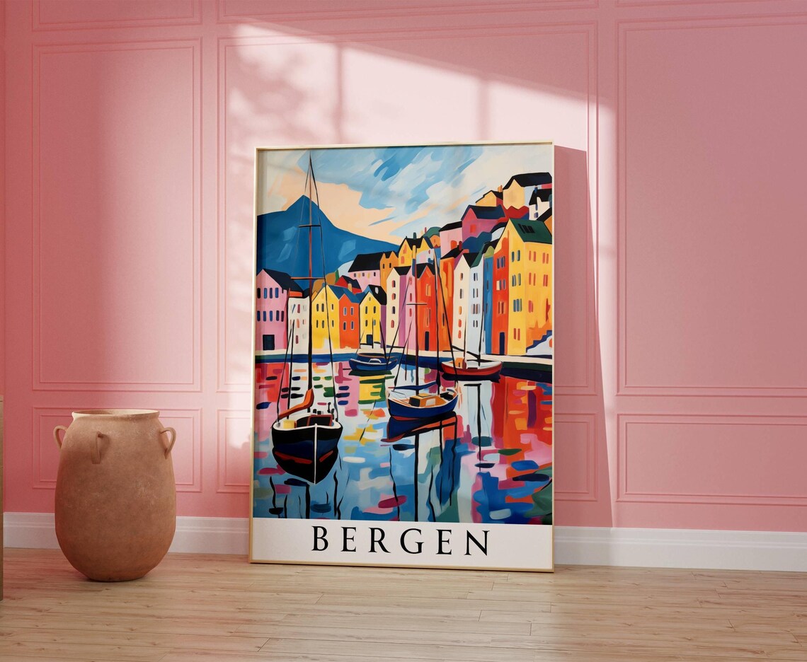 Bergen Norway Harbor Colorful Bryggen Houses Boats Travel Poster - Image 4