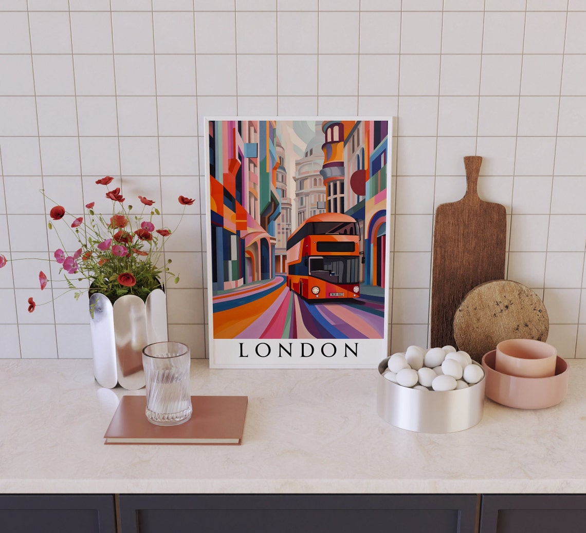 London Red Double Decker Bus Colorful Rainbow Street Travel Poster - Image 4