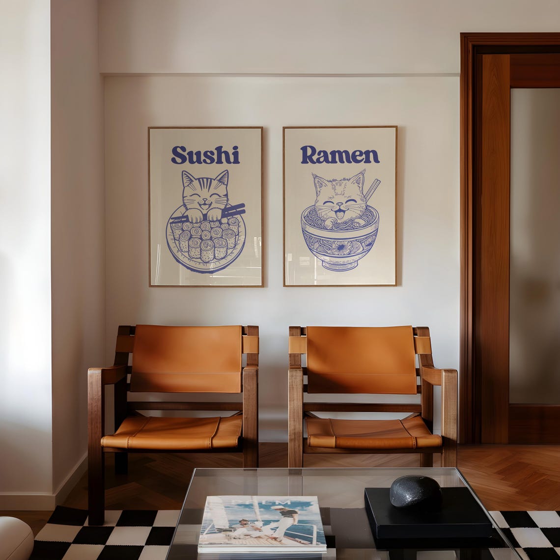 Sushi Cat With Chopsticks Cute Blue Line Illustration Kitchen Poster - Image 3