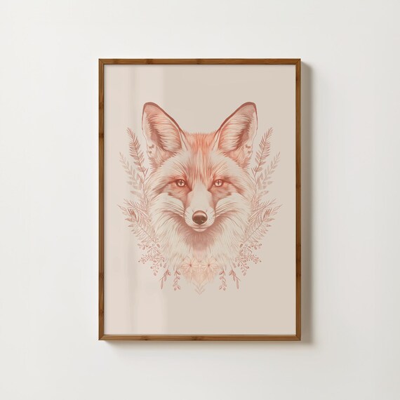 Boho Pink Fox Face Botanical Sketch Cream Nursery Wall Art Decor