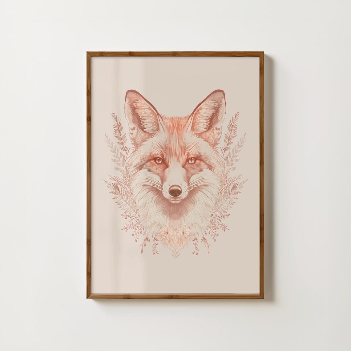 Boho Pink Fox Face Botanical Sketch Cream Nursery Wall Art Decor
